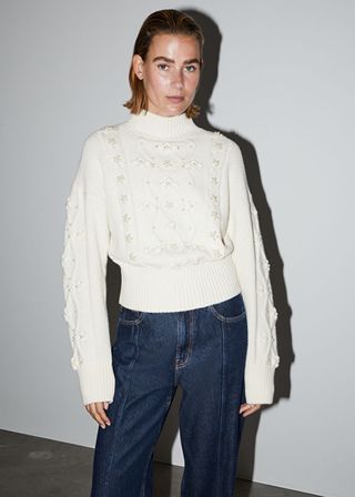& Other Stories + Pearl Bead Cable Knit Sweater