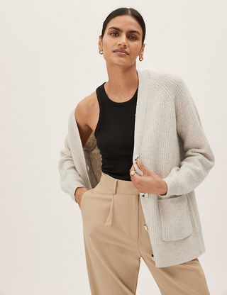 M&S Collection + Ribbed V-Neck Relaxed Longline Cardigan
