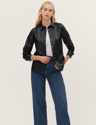 M&S Collection + Faux Leather Collared Long Sleeve Shirt