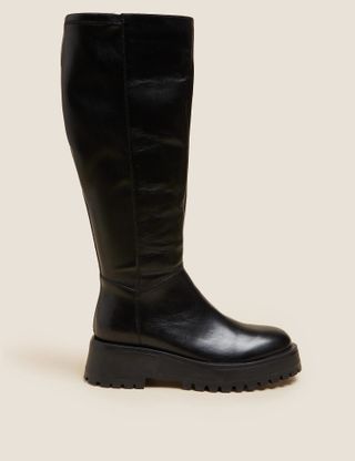 M&S Collection + Leather Chunky Flat Knee High Boots
