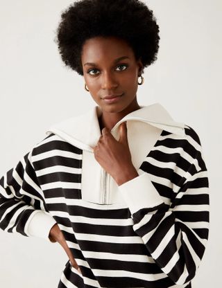 M&S Collection + Cotton Rich Striped Collared Sweatshirt