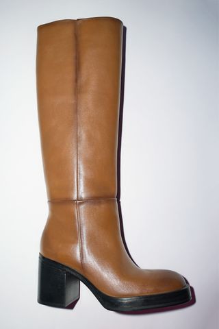 Zara + Knee High Heeled Leather Boots