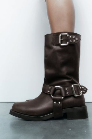 Zara + Buckled Leather Biker Boots