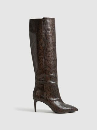Reiss + Chocolate Celia Pull on Knee High Snake Effect Boots