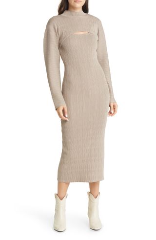 Moon River + Textured Cutout Long Sleeve Midi Sweater Dress