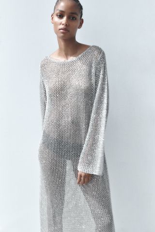Zara + Long Metallic Mesh Knit Dress