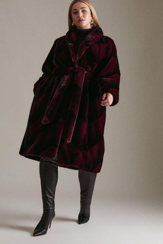 Karen Millen + Plus Size Stripe Faux Fur Coat