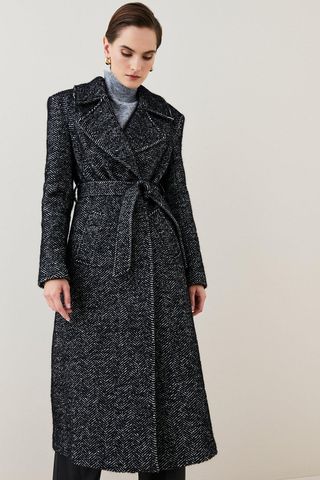 Karen Millen + Italian Herringbone Wool Belted Trench Coat