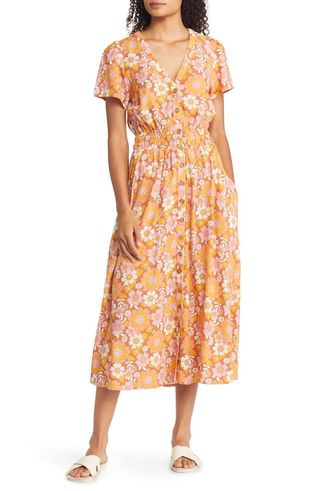 Marine Layer + Annika Floral Print Smocked Midi Dress
