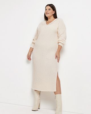 River Island + Plus Cream Knit Jumper Midi Dress