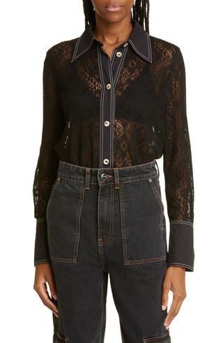 Ganni + Recycled Polyester Blend Lace Button-Up Blouse