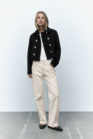 Zara + Cropped Jacket With Gold Buttons