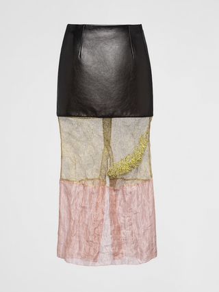 Prada + Embroidered Mesh and Leather Midi-Skirt