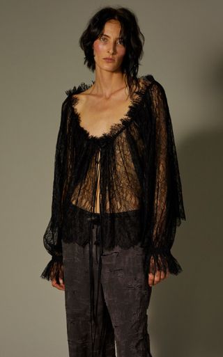 Interior + Panos Off-Shoulder Sheer Lace Blouse
