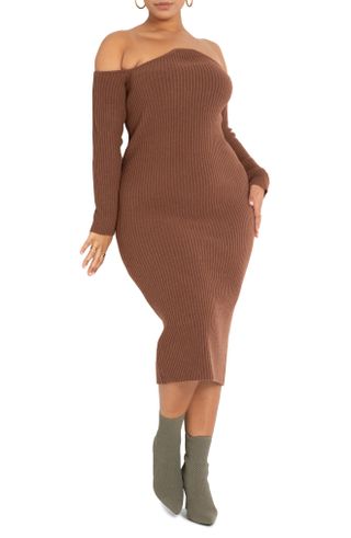 Eloquii + Ribb Off the Shoulder Long Sleeve Midi Sweater Dress