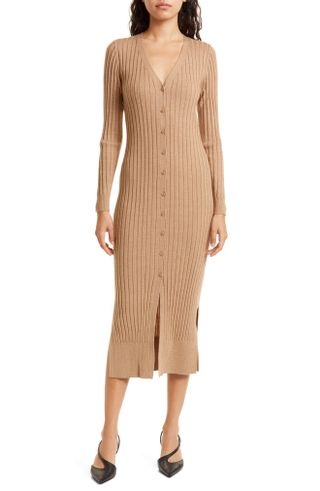Club Monaco + Rib Button-Up Wool Sweater Dress