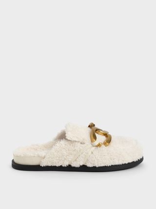 Charles & Keith + Chalk Metallic Accent Furry Loafer Mules