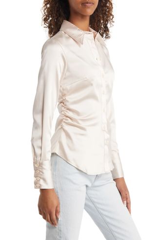 Topshop + Ruched Side Slim Fit Satin Button-Up Shirt