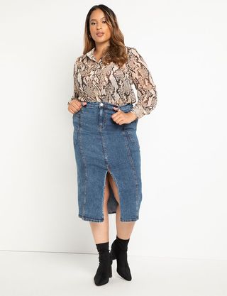 Eloquii + Denim Midi Skirt With Patch Pocket