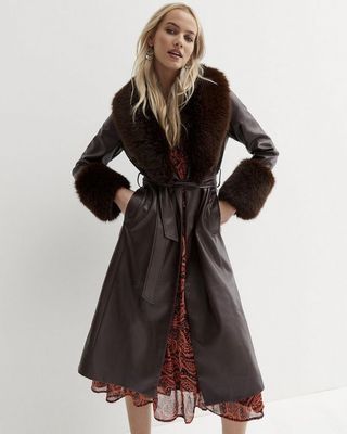 New Look + Dark Brown Leather-Look Faux Fur Trim Belted Coat