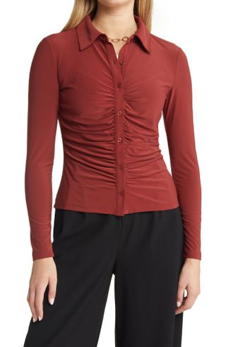 Halogen + Ruched Front Button-Up Shirt