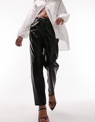 Topshop + Faux Leather High Waisted Peg Trouser in Black