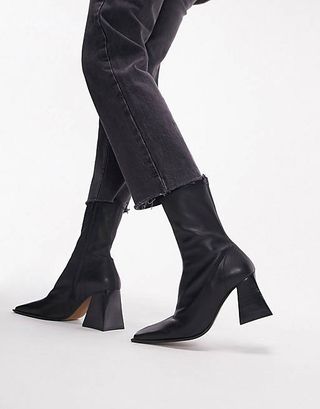 Topshop + Honey Premium Leather Block Heel Ankle Boot in Black