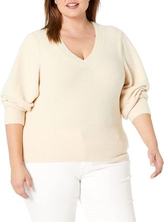The Drop + Edith Pleated Shoulder V-Neck Sweater