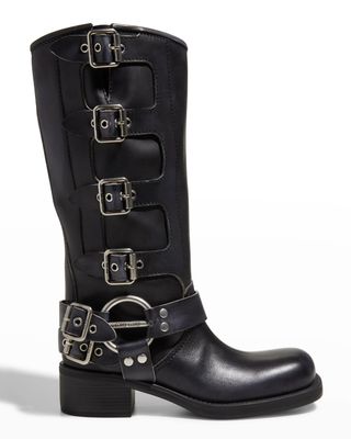 Miu Miu + Calfskin Multi Buckle Tall Moto Boots