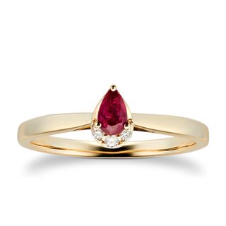 Goldsmiths + 9ct Yellow Gold Pear Cut Ruby & Diamond Ring