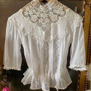 Vintage + 1910s Edwardian Cotton Blouse With Eyelet Embroidery