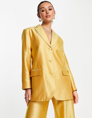 ASOS Design + Occasion Satin Dad Suit Blazer in Gold
