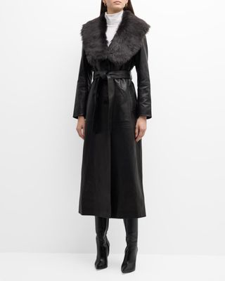 Nour Hammour + Long Belted Trench Coat with Shearling Collar