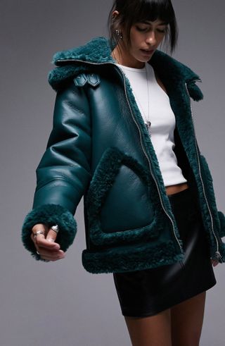 Topshop + Oversize Faux Leather & Faux Fur Aviator Jacket