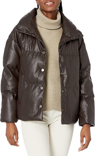 GUESS + Long Sleeve Bice Faux Leather Puffer Jacket