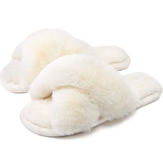 Cozyfurry + Cozyfurry Women's Fuzzy Slippers Cross Band Soft Plush Cozy House Shoes Furry Open Toe Indoor or Outdoor Slip on Warm Breathable Anti-Skid Sole
