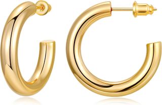 Gacimy + Chunky Gold Hoop Earrings for Women 14K Real Gold Plated, 925 Sterling Silver Post Gold Hoops for Women