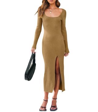 ANRABESS + Long Sleeve Square Neck Slit Bodycon Sweater Dress