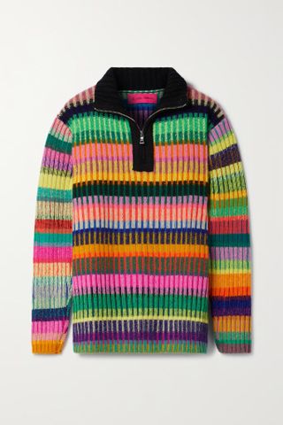The Elder Statesman + Ribbed Striped Cashmere Half-Zip Sweater