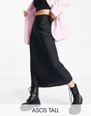 Asos Design + Tall Satin Bias Midi Skirt in Black