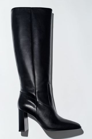 Zara + Leather Block Heel Knee High Boots