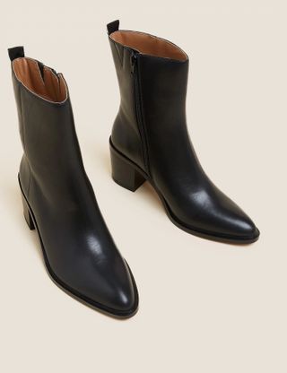 Per Una + Leather Western Block Heel Ankle Boots