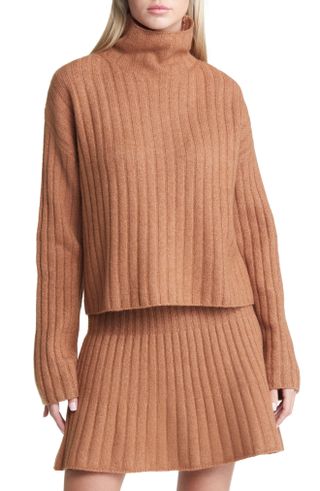 Open Edit + Cotton Blend Rib Turtleneck Sweater