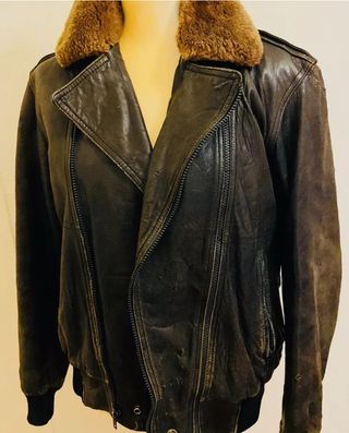 Omistress Vintage + Distressed Brown Leather Bomber Jacket