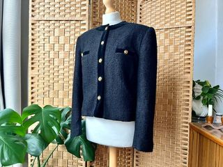 Researched Reworn + Boucle & Velvet Trim Chic Cropped Jacket