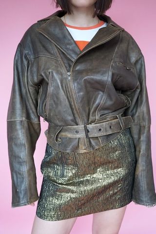 Idee90s + Vintage Distressed Brown Leather Biker Jacket