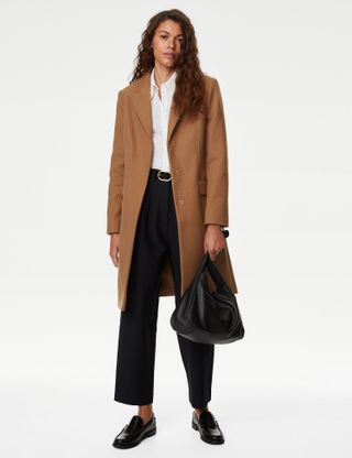 M&S Collection + Single Breasted Longline Tailored Coat in Camel