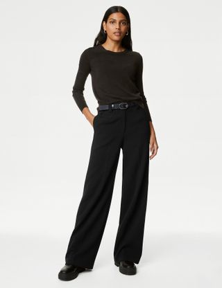 M&S Collection + Crepe Tab Detail Wide Leg Trousers