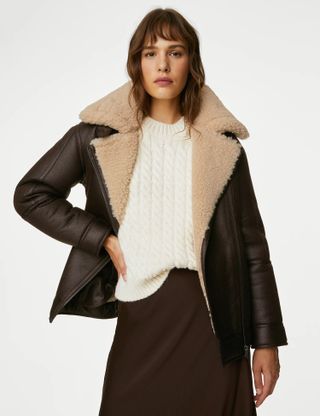 M&S Collection + Faux Shearling Borg Lined Aviator Jacket