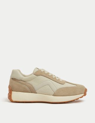 M&S Collection + Leather Lace Up Side Detail Trainers in Beige